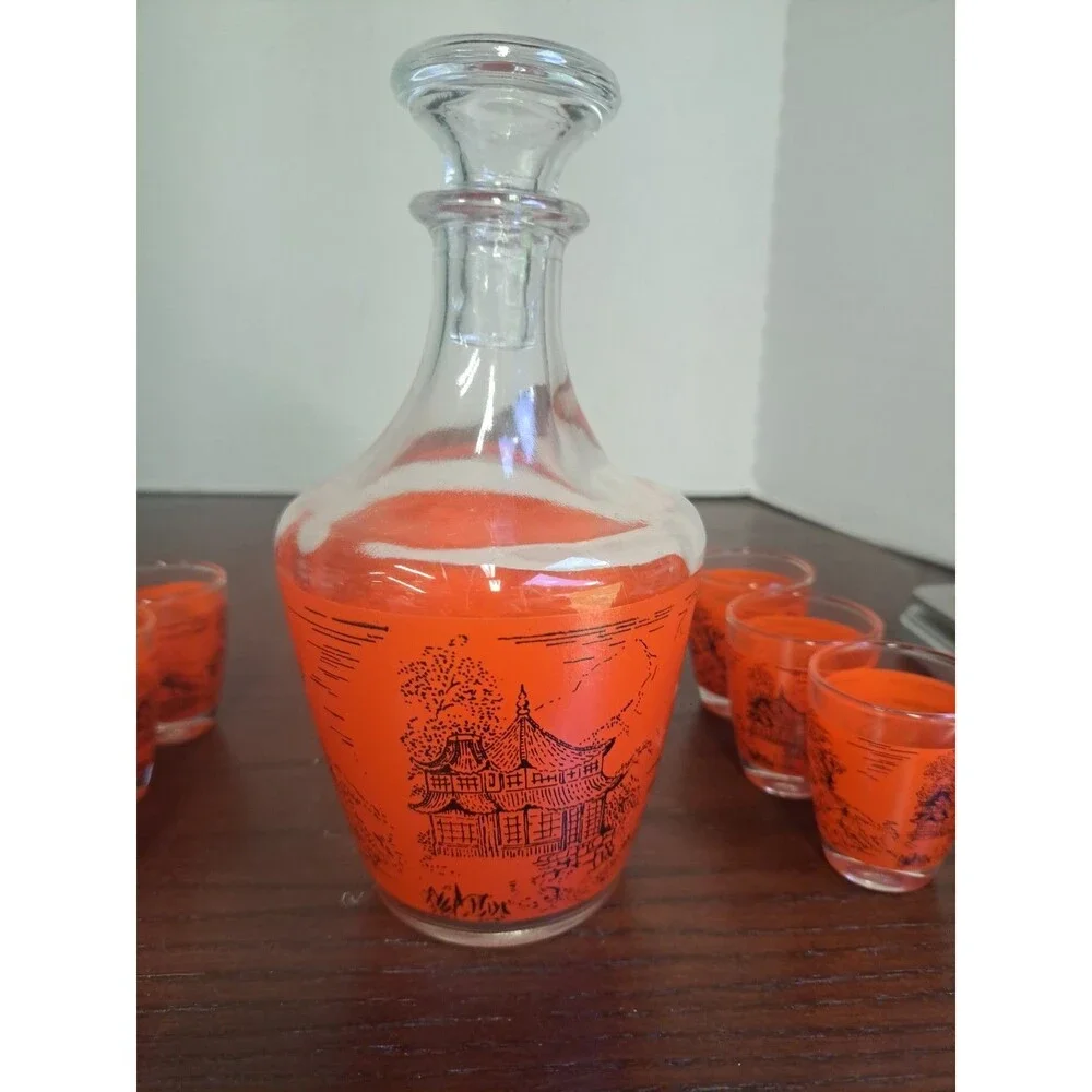 1960s Luminarc France Asian Landscape Design Sake Decanter With 6 Glasses